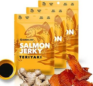 Kaimana Jerky Wild Caught Salmon Teriyaki Jerky - Organic Sweet & Savory Dried Fish Strips, Rich in Omega-3 & Protein, Low-Calorie, Gluten-Free, Less Sodium & Sugar, 3-Pack (2oz Each)