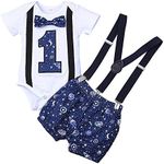 Baby Boy Funny First Birthday Clothes Infant Boy Bow Tie Romper Bodysuit Cake Smash Wedding Party Pageant Summer Outfits Royal Blue Galaxy 6-12 Months