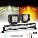 Auxbeam 22" LED Light Bar with 3" LED Pods Combo Set, 6 Modes White Amber Strobe Offroad Lights, Dual Color Flashing Cube Lights Spot Flood Combo Off Road Fog Lights, 3 Pieces