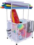 Essentially Yours Pool Storage Equipment Organizer Holder - Noodles, Toys, Balls and Floats Mesh Rolling Double Decker Bin, Large with Noodle Holder, (35.3" W x 23" L x 59.4" H), White Style 561935