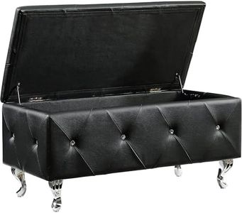 Black Tufted Leather Storage Ottoman, Luxurious Upholstered Bench with Sliver Ornate Legs for Living Room, Bedroom