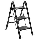 BOCOM 3 Step Ladder, Lightweight Portable Foldable Collapsible Folding Sturdy Steel Metal Step Stool with Anti-Slip Wide Pedal, Heavy Duty 330 lbs Capacity, for Home, Kitchen, Closet, Adults, Black