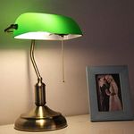 ZADLAXAR Glass & Metal Banker's Style, Antique Green Shade, Brass Finish Table lamp