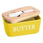 Butter Dish with Wooden Lid and Steel Knife, 600ml Large Porcelain Ceramic Butter Container Holds Up to 2 Sticks of Butter, Yellow Butter Dish