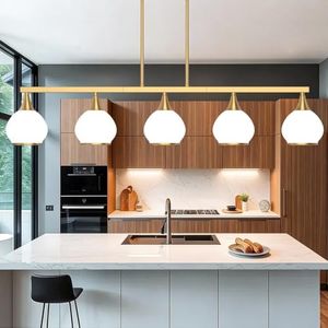 Phaosio Kitchen Island Linear Pendant Light, 5-Light Gold Dining Room Chandelier with White Glass Globe Shades, Modern Linear Lighting Fixture Over Table