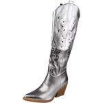 LoudLook Ladies Western Cowboy Boots Below Knee Zip Heel Faux Suede Pointed Toe Winter Shoes Sizes Silver 4