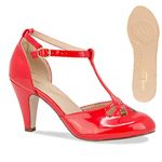 Chase & Chloe Women's Teardrop Cut Out T-Strap Mid Heel Dress Pumps, Red Patent Comfort, 6