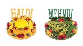 GiftsBouquet Haldi Mehndi Platter Combo for Wedding I Haldi Mehandi Platter for Wedding I Haldi Platter with bowl and Mehandi Platter with 4 Decorated Cones - Wood