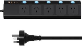 Power Strip with 5 AC Outlets, 1.5M Cable 2 USB A and 2 USB C Surge Protector Power Board with Switch, Ideal for Home and Office Use, Black