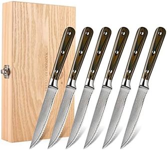 Damascus Serrated Steak Knife Set of 6 with Case, 5 Inch Serrated Steak Knife, 67 Layers Steel Blades Hand-sharpened to 15°, Non-slip G10 Ergonomic Triple Rivet Handle for Gift, Natural Wooden Box