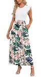 AUSELILY Women's Maxi Dress Casual Round Neck Short Sleeve Ladies Long Dress with Pockets Evening Dresses for Women Floral Pink Green, S