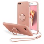 UEEBAI Case for iPhone 7 Plus iPhone 8 Plus, Slim Liquid Silicone Phone Case Rotatable Ring Holder Kickstand Cover Fashion Hand Strap with Magnetic Car Mount Shockproof TPU Bumper - Pink