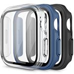 Mugust 3 Pack Hard PC Case Compatible with Apple Watch Series 6 SE Series 5 Series 4 44mm, Full Protective Cover Case with Tempered Glass Screen Protector for Apple Watch 44mm, Black/Navy Blue/Clear