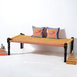 JAE Furniture Solid Sheesham Wood Handmade Rajasthani Charpai | Cotton Rope Khatiya Charpai Single Bed Without Storage| Wooden Cot Bed | Khatiya-Khaat| 6x3 Feet | Orange and Yellow