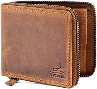 Fa.Volmer ® Portafoglio da uomo in vera pelle con chiusura lampo perimetrale, protezione RFID, portamonete con porta gettoni per carrello della spesa, marrone, Rétro