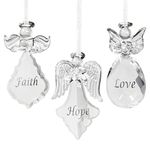 BANBERRY DESIGNS Faith Hope Love Angel Ornaments - Set of 3 Crystal Hanging Angels - Faith Hope Love Written on Each Ornament in Silver - Angel Christmas Tree Decorations