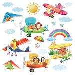 DECOWALL DS-8026 Animal Biplanes Kids Wall Stickers Decals Peel and Stick Removable for Nursery Bedroom Living Room art murals decorations decor decorative repositionable bathroom kitchen toddlers girls baby