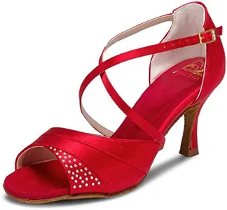 JIAJIA 20522 Women's Satin Sandals Flared Heel Latin Salsa Performance Dance Shoes Color Red,Size 5.5 B(M) US/36 EU