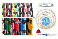 Homeistic Applience Embroidery Kit With Wooden Hoop Ring 6,7,8 Inches, 50 Multicolor Threads, 30 Needles, 1 Seam Ripper, 1 Threader and 1 Thread Cutter for Cross Stitch Embroidery Floss Threads (Multicolors)