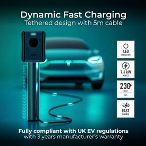 Masterplug Smart EV Wall Charger, Type 2, 7.4kW, 5m Tethered Cable, App Control, Solar Ready, Black