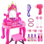 Vanity Makeup Table with Electronic Organ and Mirror and Chair, Toddler Kids Makeup Vanity Set with Accessories and Lights and Music Sound, Girls Vanity for Toddlers