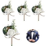 Huilimei 4PCS Artificial Men's Rose Boutonniere,Buttonhole Flowers with Pin and Clip Artificial Wedding Flower Bridal Bridesmaid White Corsage for Wedding,Party,Prom Suit Dress Decor