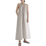 Amazhiyu Women 100% Linen Halter Neck Maxi Dress A-Line Solid Flowy Summer Dress Flax M