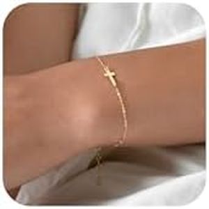 Tewiky Cross Bracelet for Women Dainty 14k Gold Cubic Zirconia Classic Tennis Bracelet Cute Gold Tiny Rope Cuban Figaro Herringbone Chain Link Bracelet Confirmation Gifts for Women, 6.5 inch, Brass,