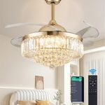 DuMaiWay 42" Dimmable Crystal Ceiling Fan with Light, Fandelier,Chandelier Fan with 4 Retractable Blades LED Remote APP Control for Living Room, Bedroom, Dining Room 6 Speed-Gold