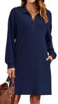 WNEEDU Womens Casual Fall Sweater Dresses Long Sleeve V Neck Zip up Knitted Oversized Pullover Jumper Sweaters, Navy Blue M