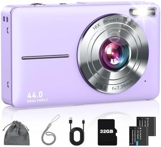 Digital Camera, FHD 1080P Point and Shoot Camera for Kids Teens Starters, with 32GB Card 16X Zoom Anti Shake Date Stamp, Compact Small Camera Christmas Birthday Gift for Boys Girls, Purple