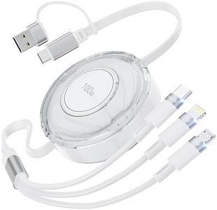 3-in-1 Retractable Multi Charging Cable, 100W USB-C/A to Lightning/USB-C/Micro Fast Phone Charger Cord for iPhone 16, iPhone 15, Samsung, MacBook, iPad (White)