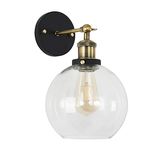 MiniSun Pair of Industrial Steampunk Style Black and Gold Wall Light Fittings with Clear Glass Globe Shade - Complete with 4w LED Filament Bulbs [2700K Warm White]