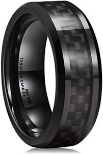 King Will GENTLEMAN Men's Black Tungsten Carbide 8mm Carbon Fiber Inlay Comfort Fit Wedding Band Ring, O 1/2(55.7mm), Tungsten, No Gemstone