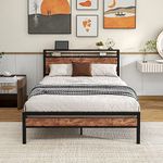 HOJINLINERO Full Size Bed Frame with Storage Headboard/Charging Station,Metal Platform Double Bed Frame Full Size No Box Spring Needed,Noise-Free,Strong Steel Slats Support,Easy Assembly,Rustic Brown