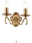 National Lighting Indoor Wall Light - Dimmable Twin Wall Lamp with Pull Chord Switch – Decorative Scrolled Arm Wall Sconce LED Wall Light For Bedroom Livingroom Dining-room Hallway – E14 Antique Brass