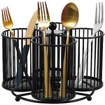 OROMYO Metal Utensil Caddy 360 Degree Rotating Cutlery Holder 4 Compartment Flatware Storage Basket Portable Multipurpose Countertop Silverware Organizer for Picnic Camping Outdoor(black)