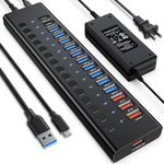 Powered USB 3.0 Hub, 16-Port USB C Hub Splitter (10 USB 3.0+2 QC 3.0+2 Smart Charging+2 USB-C 3.0) with Individual Switches, 12V 7.5A 90W UL Certified Power Adapter for Laptop, Mac, PC, Computer