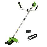 Greenworks 48V (2x24V) Cordless Brushcutter with Brushless Motor, Harness, Bike Handle, 38cm Cutting Width, Bump Feed 2mm Nylon Line, 25cm Blade WITHOUT Battery & Charger GD24X2BCB