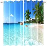 Renaiss Seaside Window Curtains Sunny Beach Ocean Waves Coconut Palm Window Treatments Blue Sky Seawater Blackout Drapes for Man Woman Bedroom Living Room Decoration Home Decor 53x63 Inches x 2 Panels