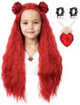 Kids Long Wavy Red Wig with Braided Hair Buns Wigs for Girls Cosplay Halloween Costume Party Including Necklace and Ear Clips