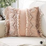 Phantoscope Macrame Pillow Cotton Handmade Symmetry 3D Crochet Woven Boho Throw Pillow Farmhouse Pillow Insert Included Decorative Cushion for Couch Sofa Pink 18 x 18 inches 45 x 45 cm