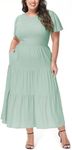 Anna-Kaci Women's Plus Size Casual Round Neck Flutter Short Sleeve Elastic Waist Smocked Tiered Maxi Dress, Sage Green, 4X-Large