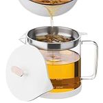 Navaris Glass Oil Container with Strainer - 1 L (33.8 oz/4.2 Cups) - Cooking Oil Pot w/Filter - Stainless Steel Kitchen Ghee or Bacon Grease Drainer - White