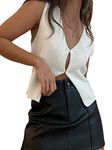 Acrawnni Women Y2k Crochet Vest Top Sleeveless V Neck Hollow Out Open Front Tie-Up Button Down Crop Tops Cardigan Crochet Knit Tank Vest (A-White, S)