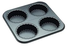 MasterClass 4 Hole Loose Bottomed Tart Tin with PFOA Non Stick, Robust 1 mm Thick Carbon Steel, 26 x 26 cm Pan with 10 cm Mini Tartlet Moulds