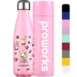 Proworks Performance Stainless Steel Sports Water Bottle | Double Insulated Vacuum Flask for 12 Hours Hot & 24 Hours Cold Drinks, Home, Work, Gym & Travel - 500ml - Pastel Pink - Bubble Tea