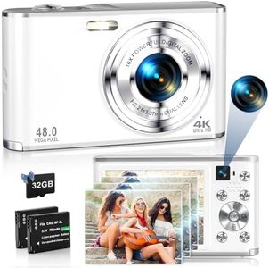 Digital Camera 4K 48MP Autofocus Vlogging Camera with Rear and Front Camera for Photography, 16X Digital Zoom Point and Shoot Cameras with 32GB Card & 2 Batteries Camera for Boys Girls Kids - White