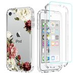 Tothedu Phone Case for iPod Touch 6/Touch 5/Touch 7 Case with Tempered-Glass Screen Protector, Cute Clear Floral Pattern Full Body Protective Cover Cases for iPod Touch 5th / 6th / 7th (Flower)