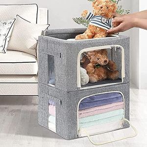 Clothes Storage Box Bin Cotton and Linen Foldable Container Organizer Set with Clear Window & Carry Handles & Metal Frame - 2 Packs Large Capacity for Bedding, Blankets,Toys(Grey, Small-22L-2 Pack)